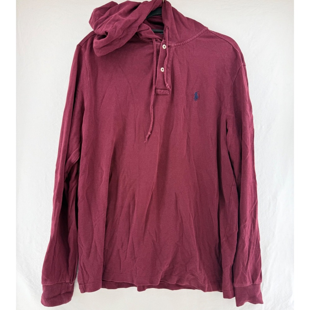 Polo Ralph Lauren Mens Large Burgundy Pique Cotton‎ Henley Hoodie Long Sleeve
